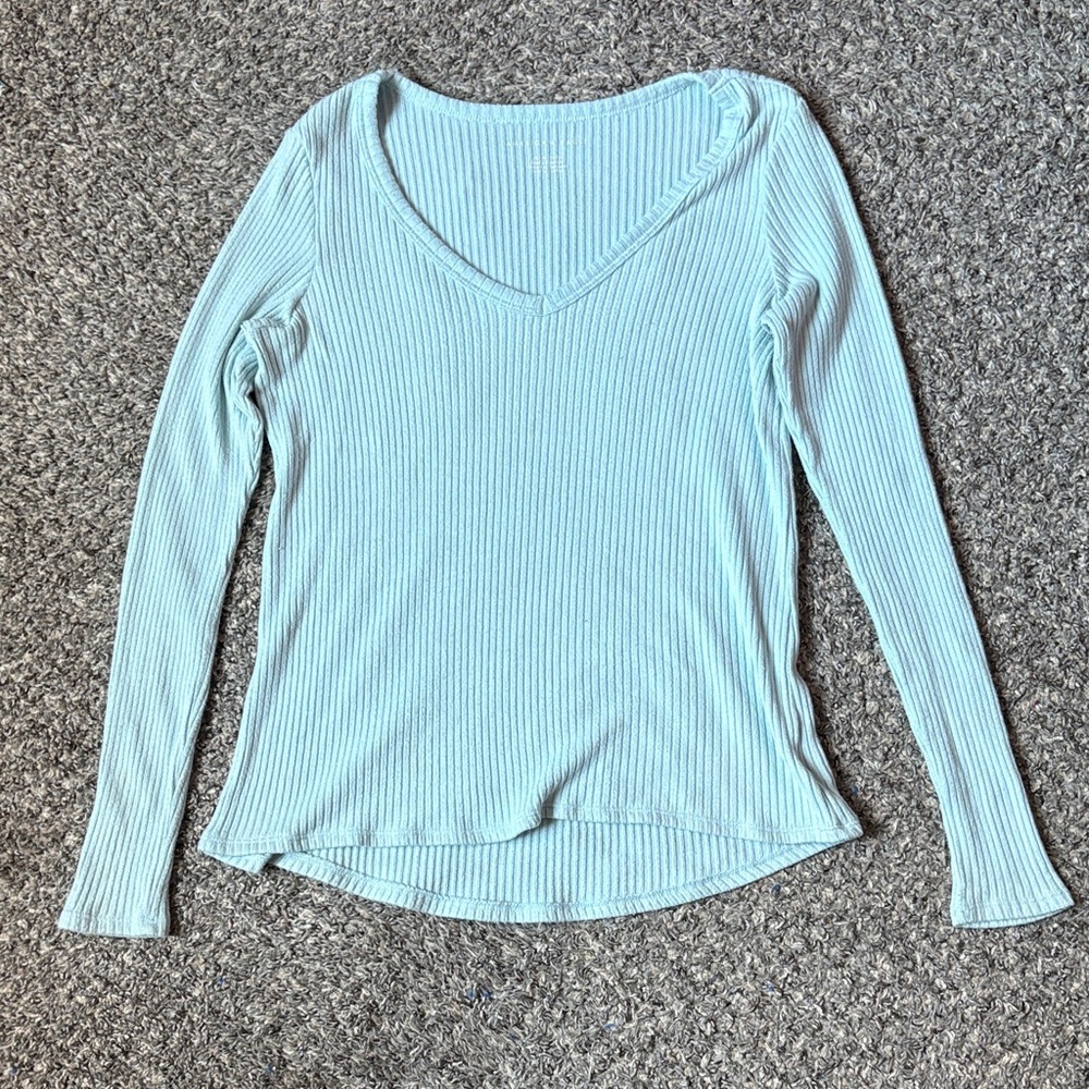 American Eagle Outfitters Light Blue Ribbed Long Sleeve Top